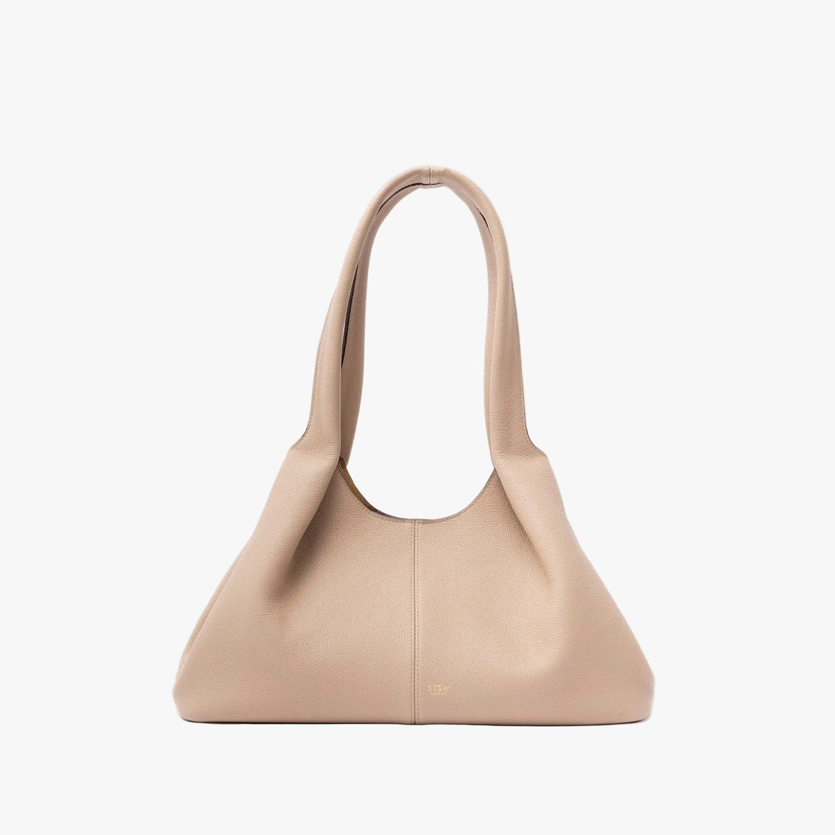 STOW London's Hobo Tote in Camel pebbled leather in its triangular hobo form on a light grey background featuring a pleated front panel and small gold embossed logo