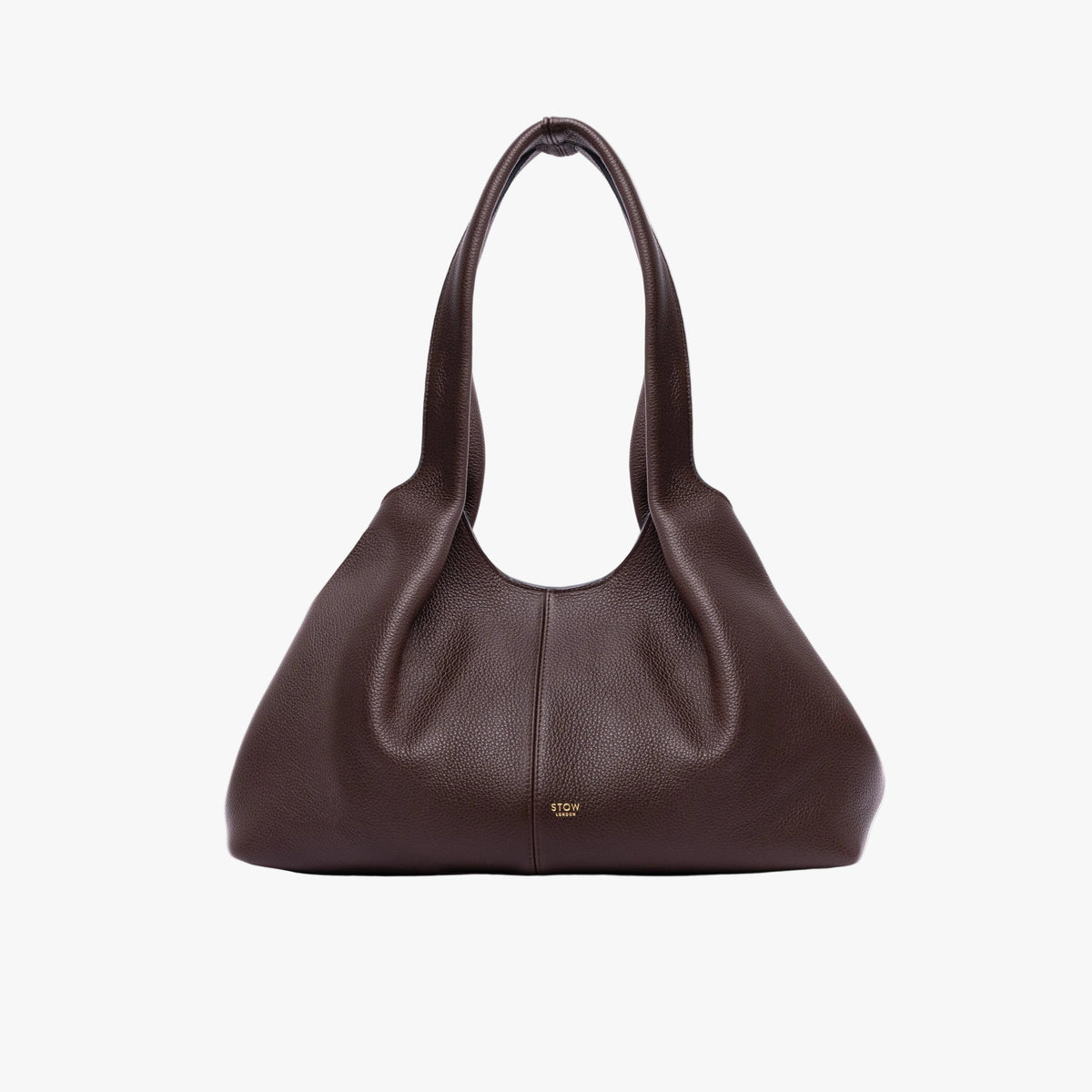 STOW London's Hobo Tote in Espresso pebbled leather in its triangular hobo form on a light grey background featuring a pleated front panel and small gold embossed logo