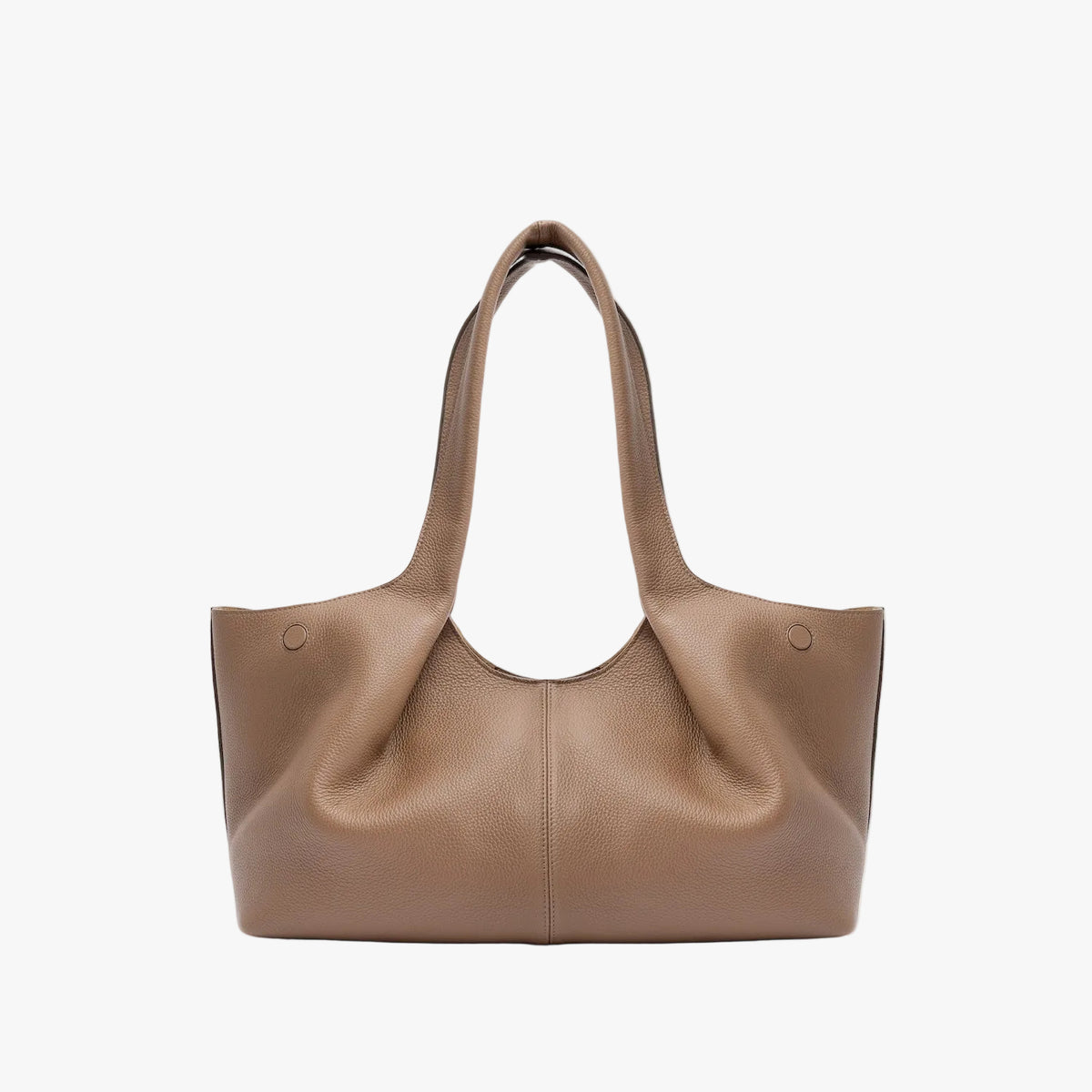 Back of STOW London's Hobo Tote in Mocha pebbled leather on a light grey background featuring a pleated back panel 