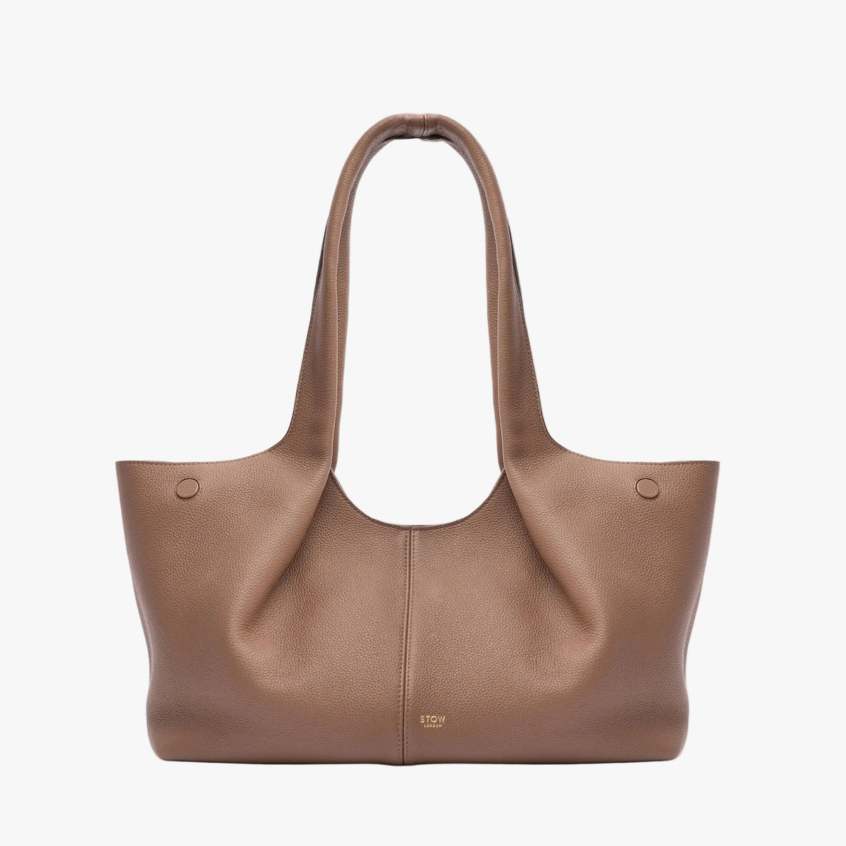 STOW London's Hobo Tote in Mocha pebbled leather on a light grey background featuring a pleated front panel and small gold embossed logo