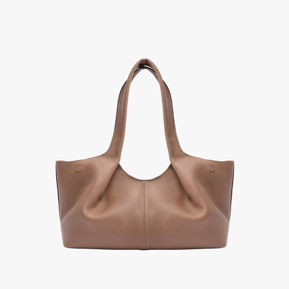 Back of STOW London's Hobo Tote in Mocha pebbled leather on a light grey background featuring a pleated back panel 