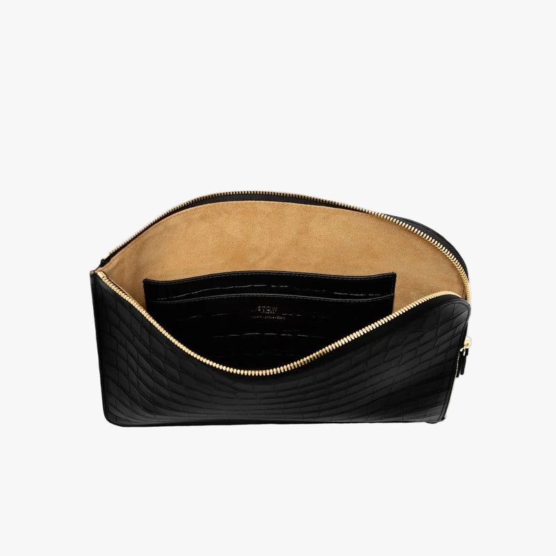 STOW London's Ipad Sleeve in Black Croc leather on a light grey background with zip open showing the velvety suede interior and leather slip pocket 