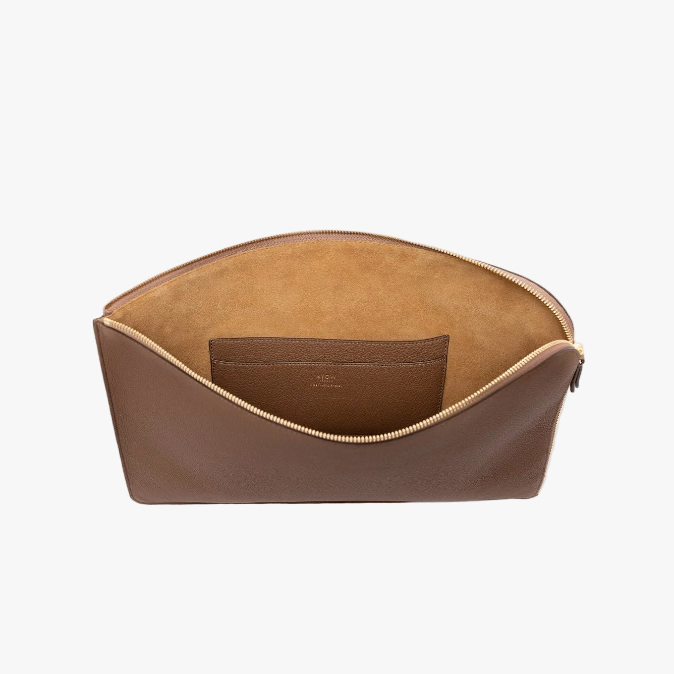 STOW London's Ipad Sleeve in Mocha pebbled leather on a light grey background with zip open showing the velvety suede interior and leather slip pocket 