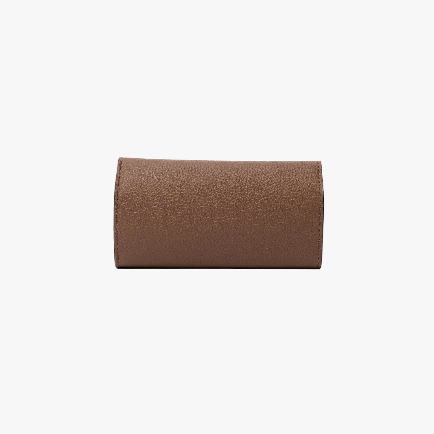 Back panel of STOW London's Jewellery Roll in Mocha pebbled leather on a light grey background