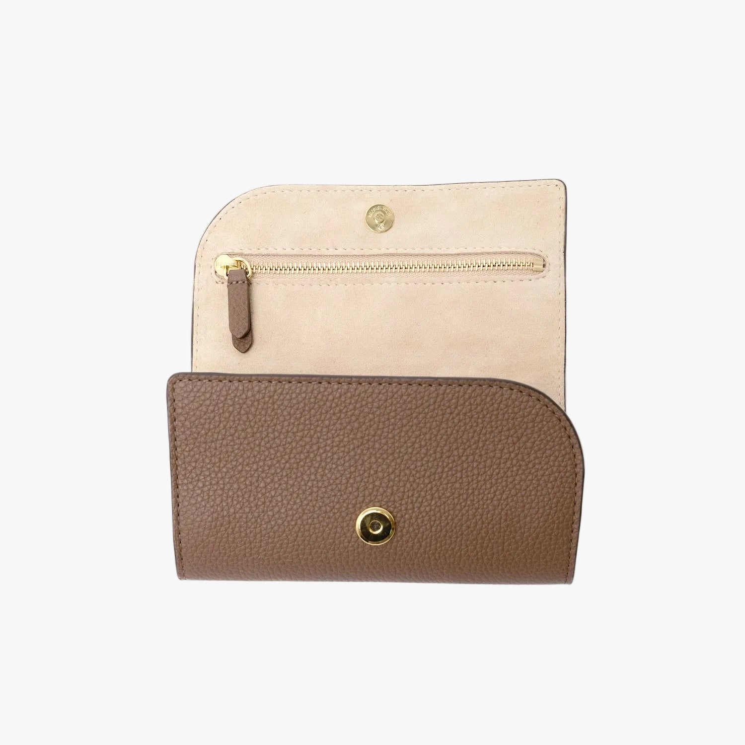 STOW London's Jewellery Roll in Mocha pebbled leather on a light grey background with magnets open showing a part of the interior suede lining and zip pocket