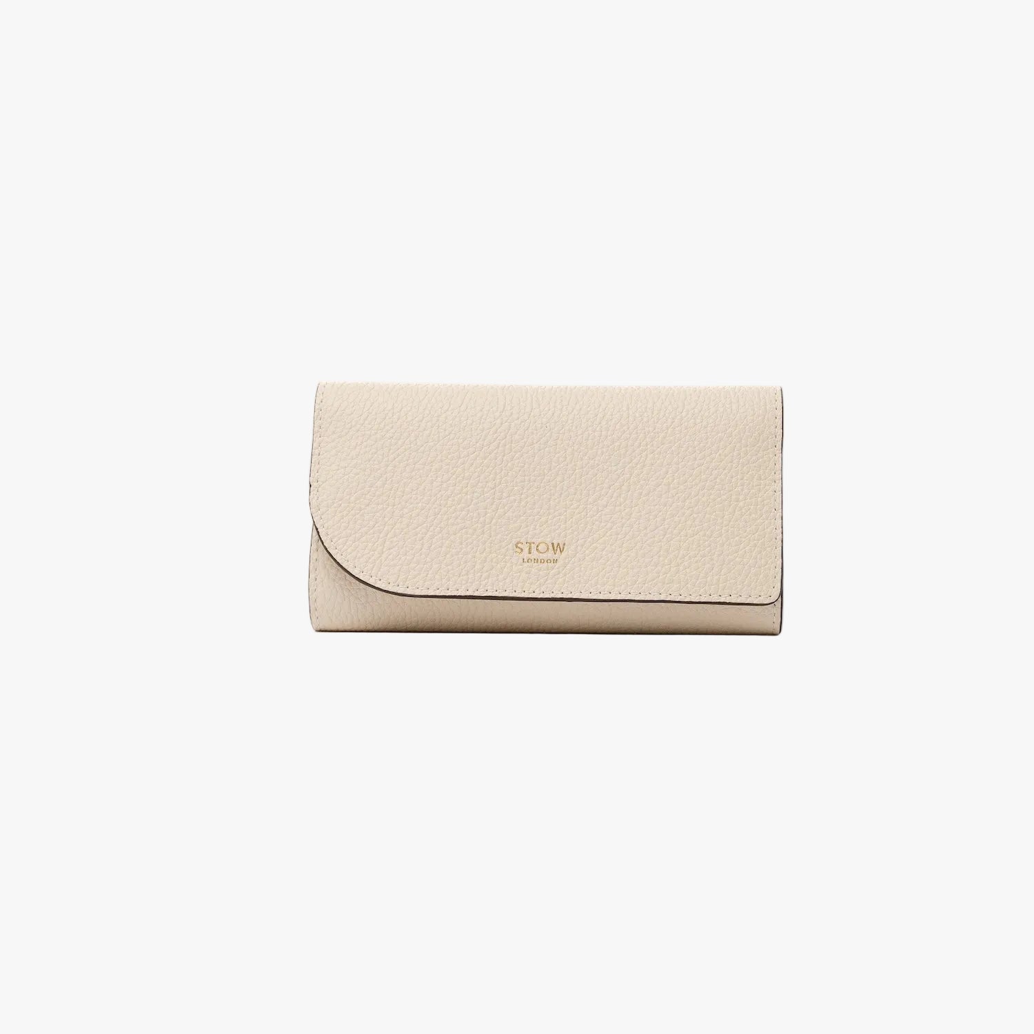 STOW London's Jewellery Roll in Spring Moon pebbled leather on a light grey background featuring a fine gold embossed logo on the front