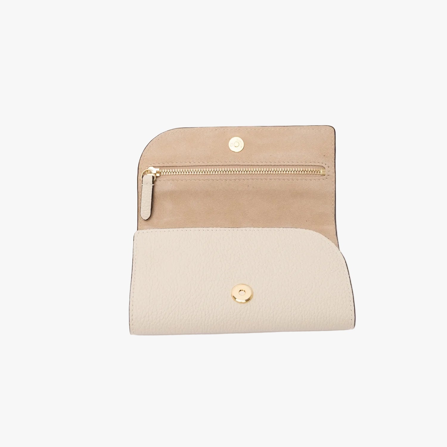 STOW London's Jewellery Roll in Spring Moon pebbled leather on a light grey background with magnets open showing a part of the interior suede lining and zip pocket