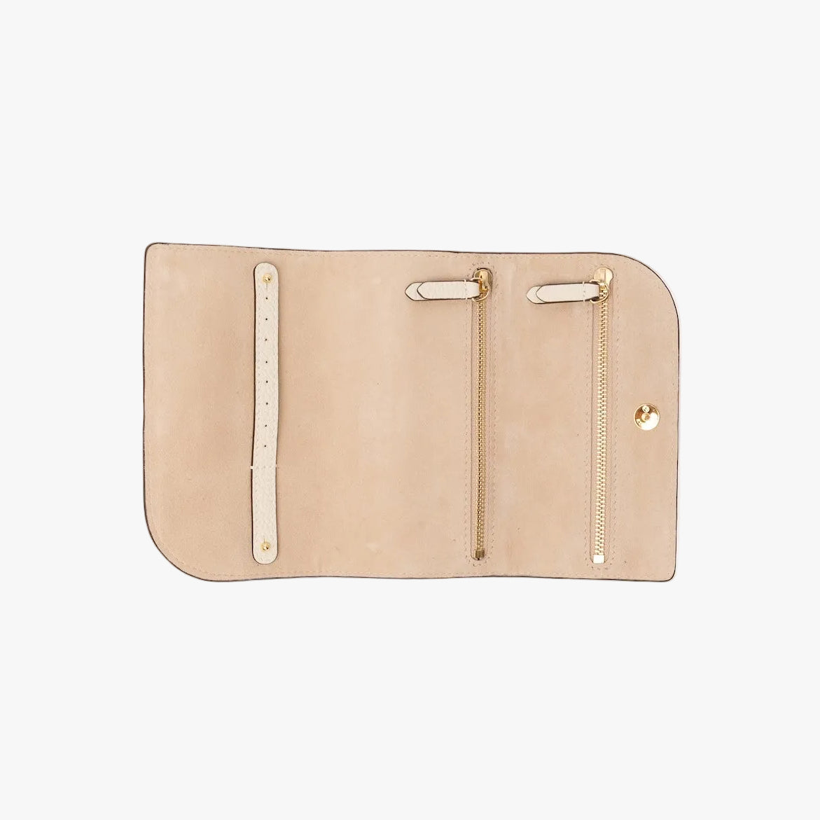 STOW London's Jewellery Roll in Spring Moon pebbled leather on a light grey background rolled out showing the light suede interior featuring two zip pockets and leather strap