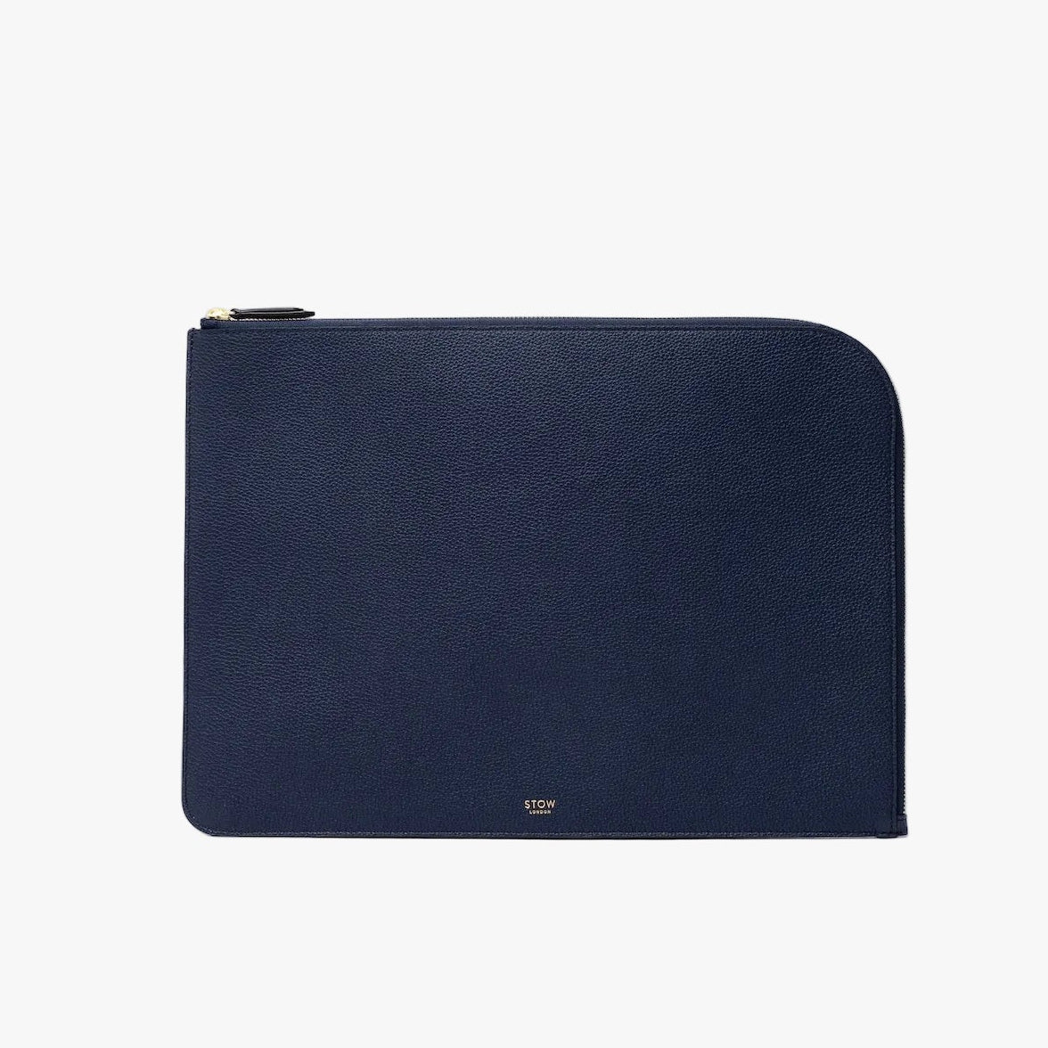 STOW London's Laptop Sleeve in Navy pebbled leather on a light grey background featuring a YKK Natulon Zip and a fine gold embossed logo on the front bottom. 