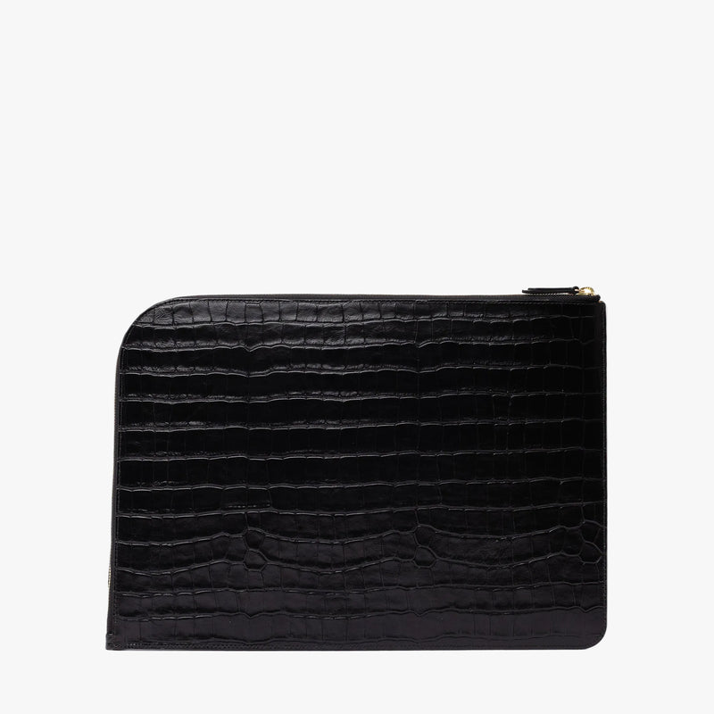 Back panel of STOW London's Leather Sleeve in Black Embossed Croc leather on a light grey background featuring a YKK Natulon Zip 