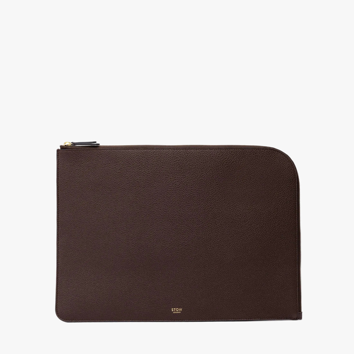 STOW London's Leather Sleeve in Espresso pebbled leather on a light grey background featuring a YKK Natulon Zip and a fine gold embossed logo on the front bottom. 