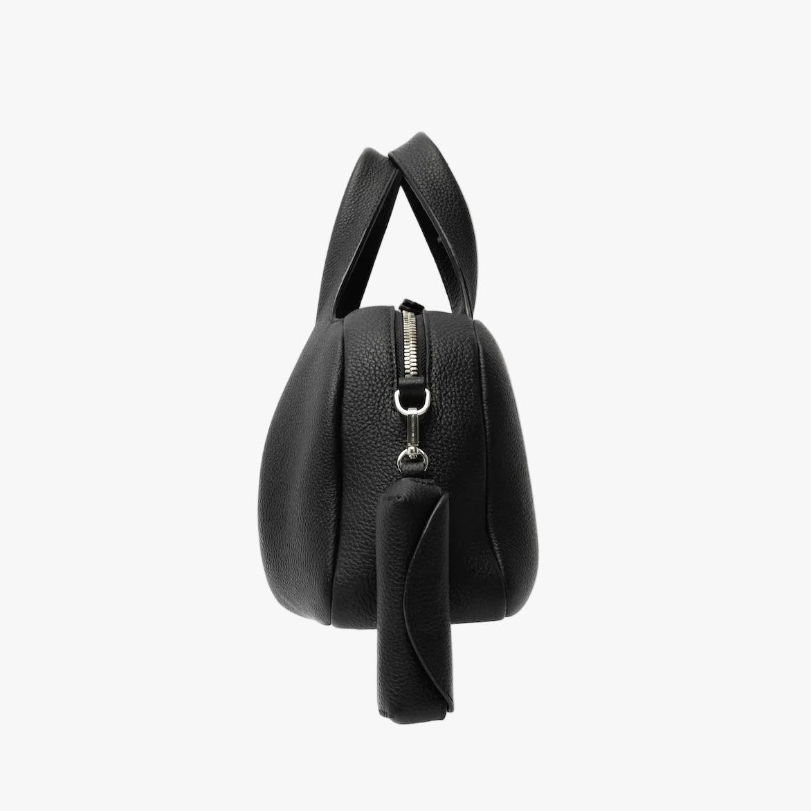 STOW London's Lipstick Case in Black pebbled leather attached to the Black Mini Bowling bag featuring a silver stainless steel clip on a light grey background