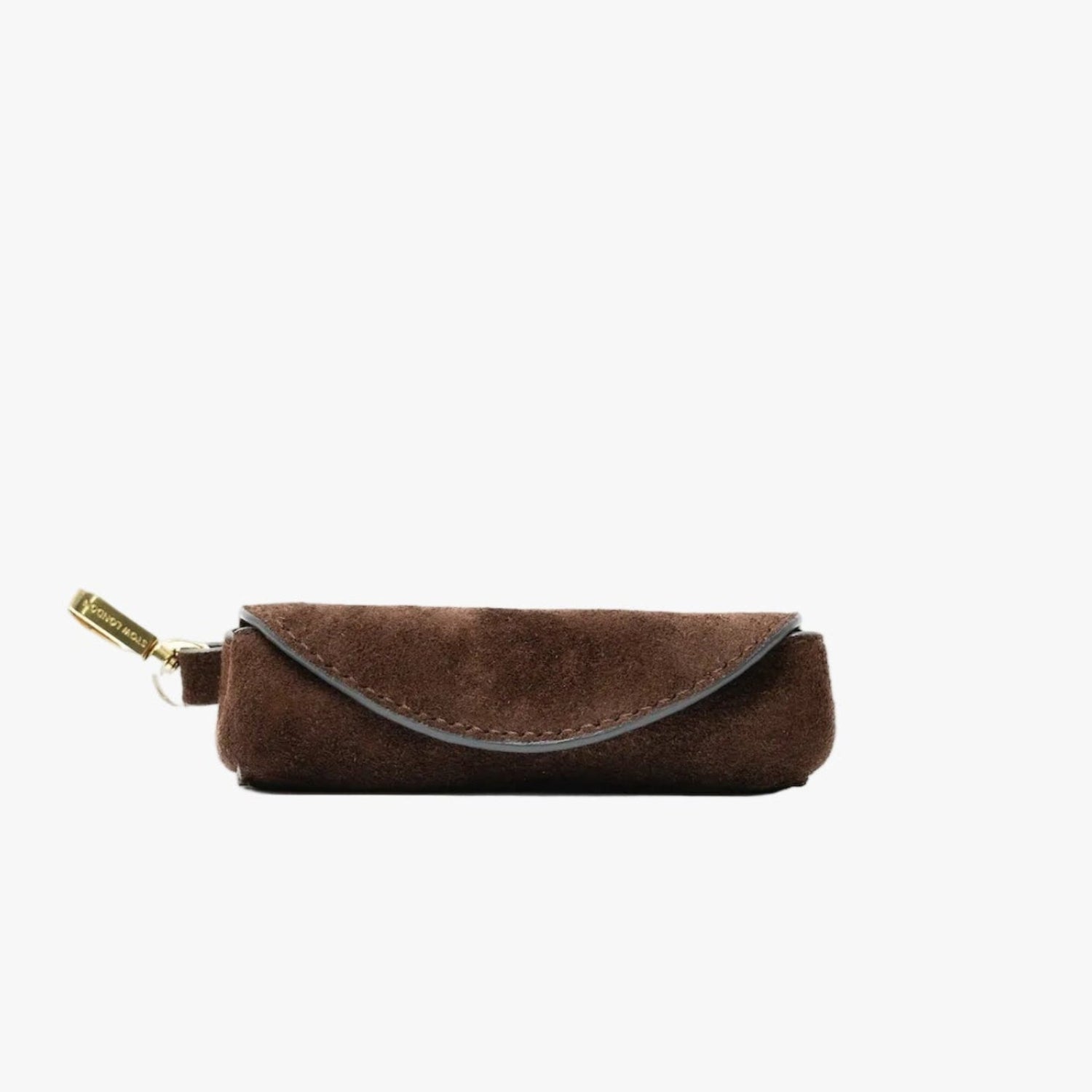 STOW London's Lipstick Case in Chocolate suede leather on a light grey background featuring a gold-coated stainless steel clip