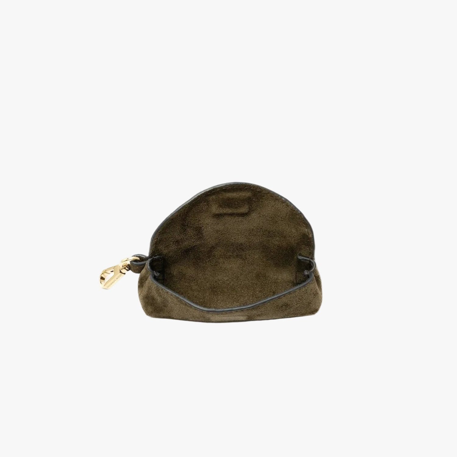 STOW London's Lipstick Case in Dark Green suede leather with flap open showing hidden magnetic closure and suede interior on a light grey background featuring a gold-coated stainless steel clip