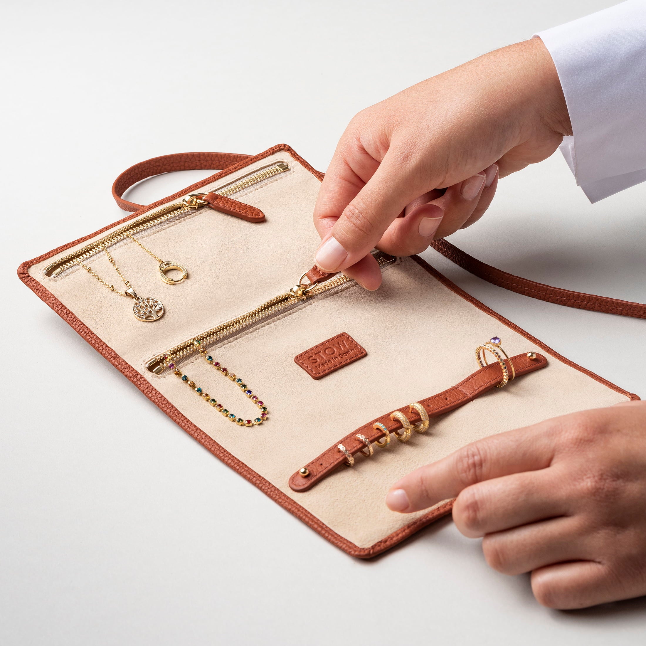 STOW London Mini Jewellery Roll in Clay Orange leather