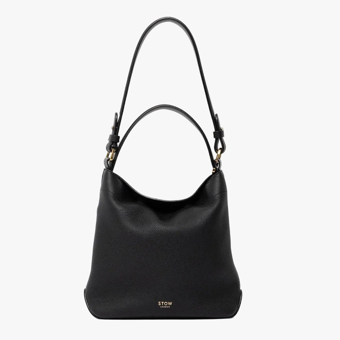 STOW London's Midi Curve and detachable shoulder strap and top handle in Black leather  out on a light grey background featuring gold hardware and details 