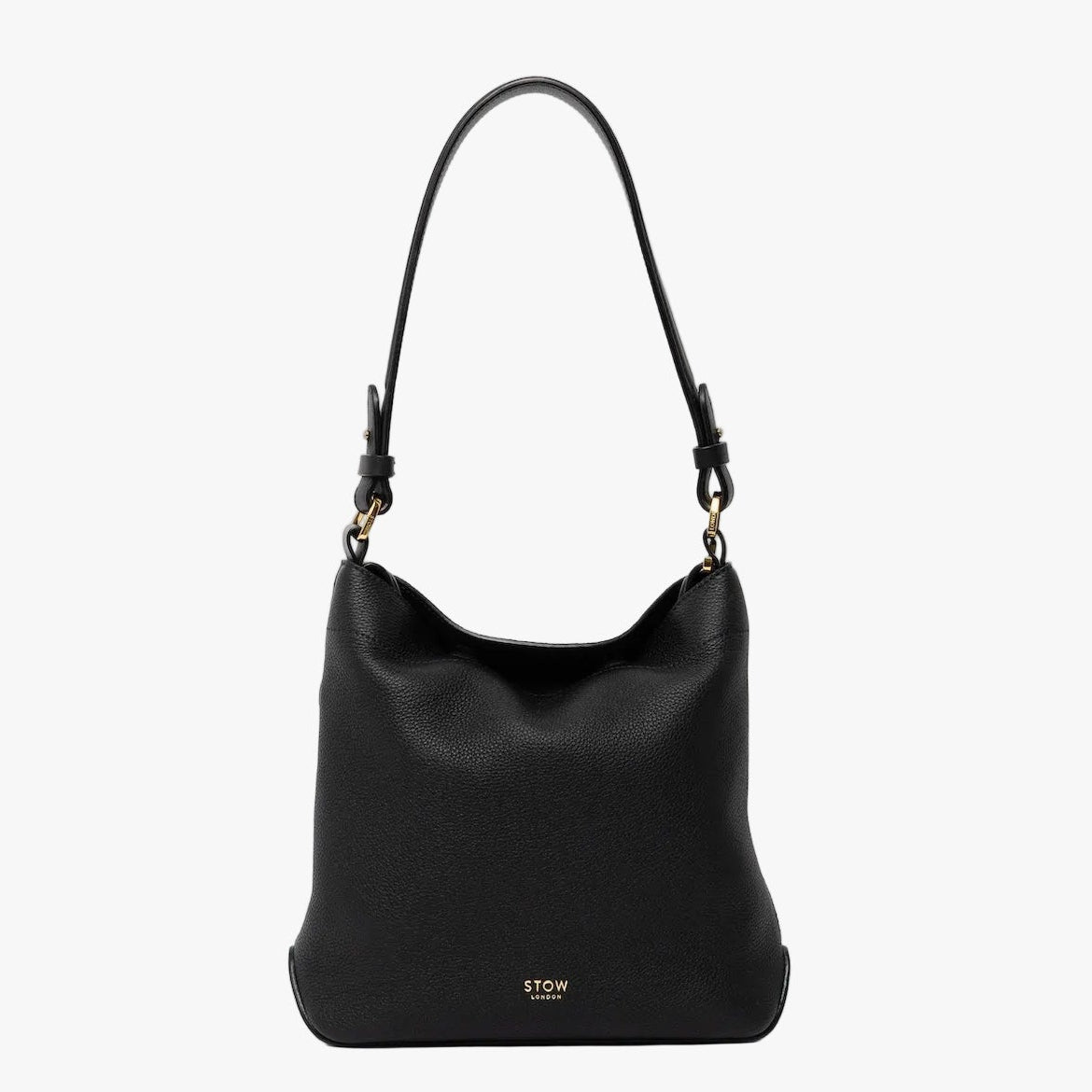 STOW London's Midi Curve and detachable shoulder strap in Black leather on a light grey background featuring gold hardware and details 