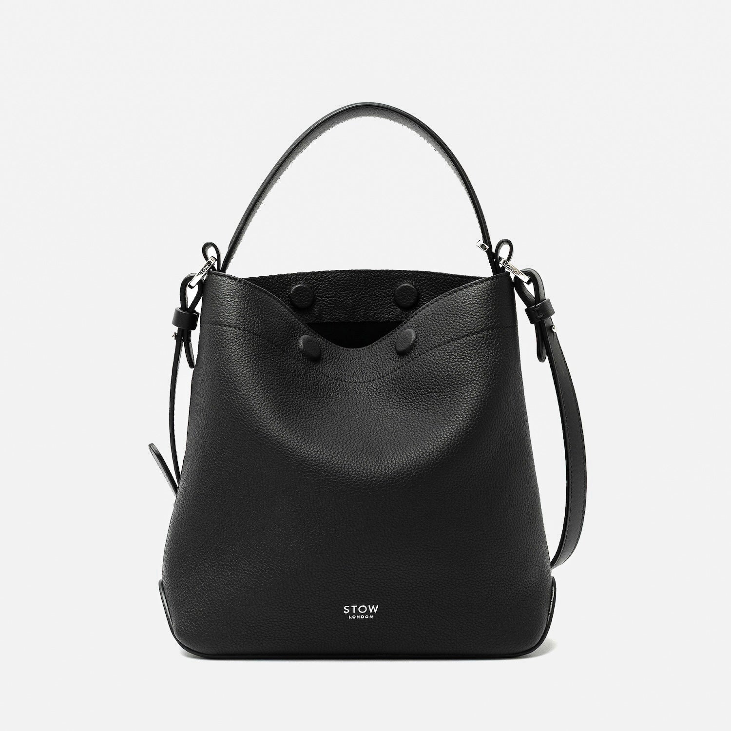 STOW London's Midi Curve in Black pebbled leather featuring silver stainless steel hardware on a light grey background