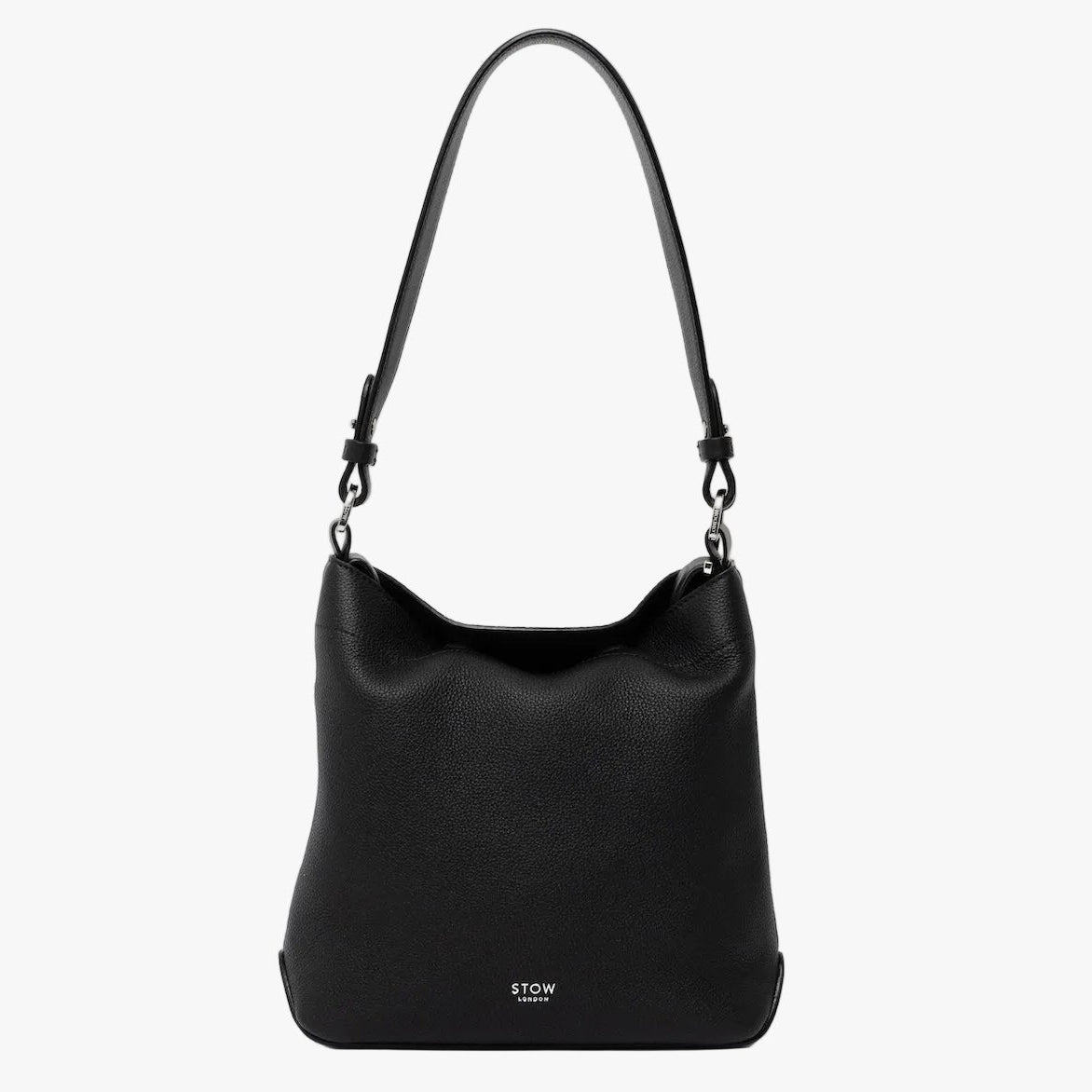 STOW London's Midi Curve and detachable shoulder strap in Black leather on a light grey background featuring silver hardware and details 