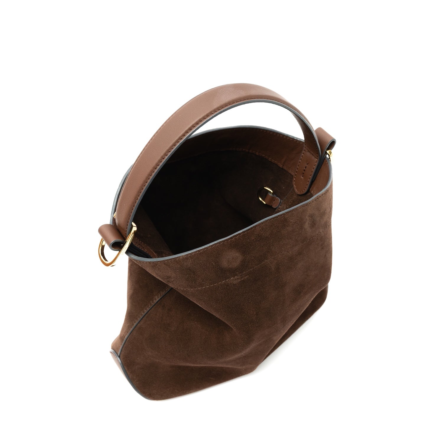 Top view of STOW London's Midi Curve bag in Chocolate Suede leather with bag open showing interior d-ring featuring gold-coated stainless steel hardware on a white background