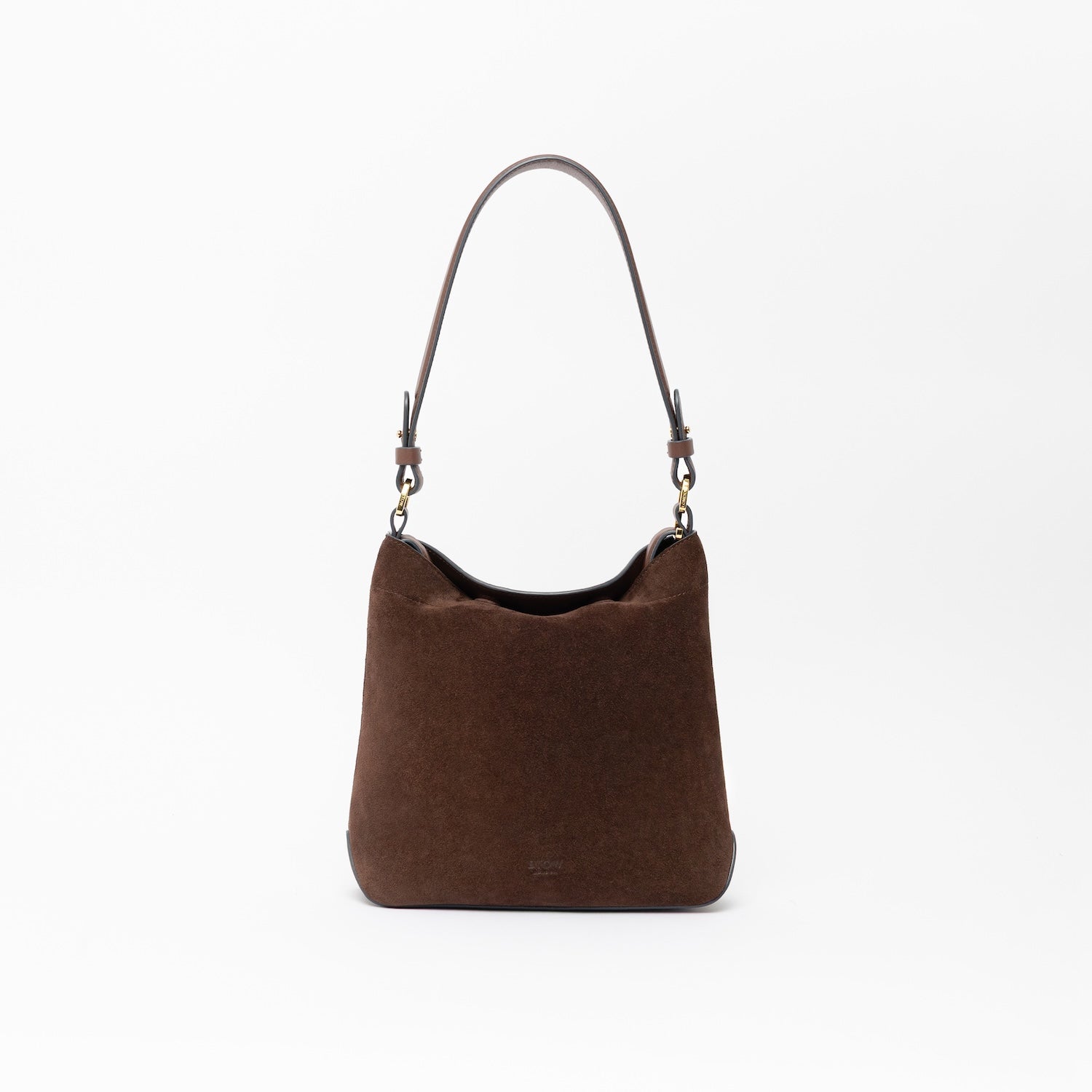 STOW London's Midi Curve in Chocolate suede leather featuring the detachable shoulder strap with gold hardware 