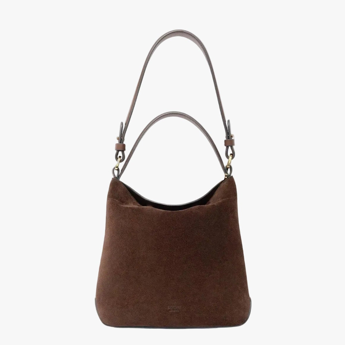 STOW London's Midi Curve in Chocolate suede leather featuring the detachable shoulder strap and top handle with gold hardware 