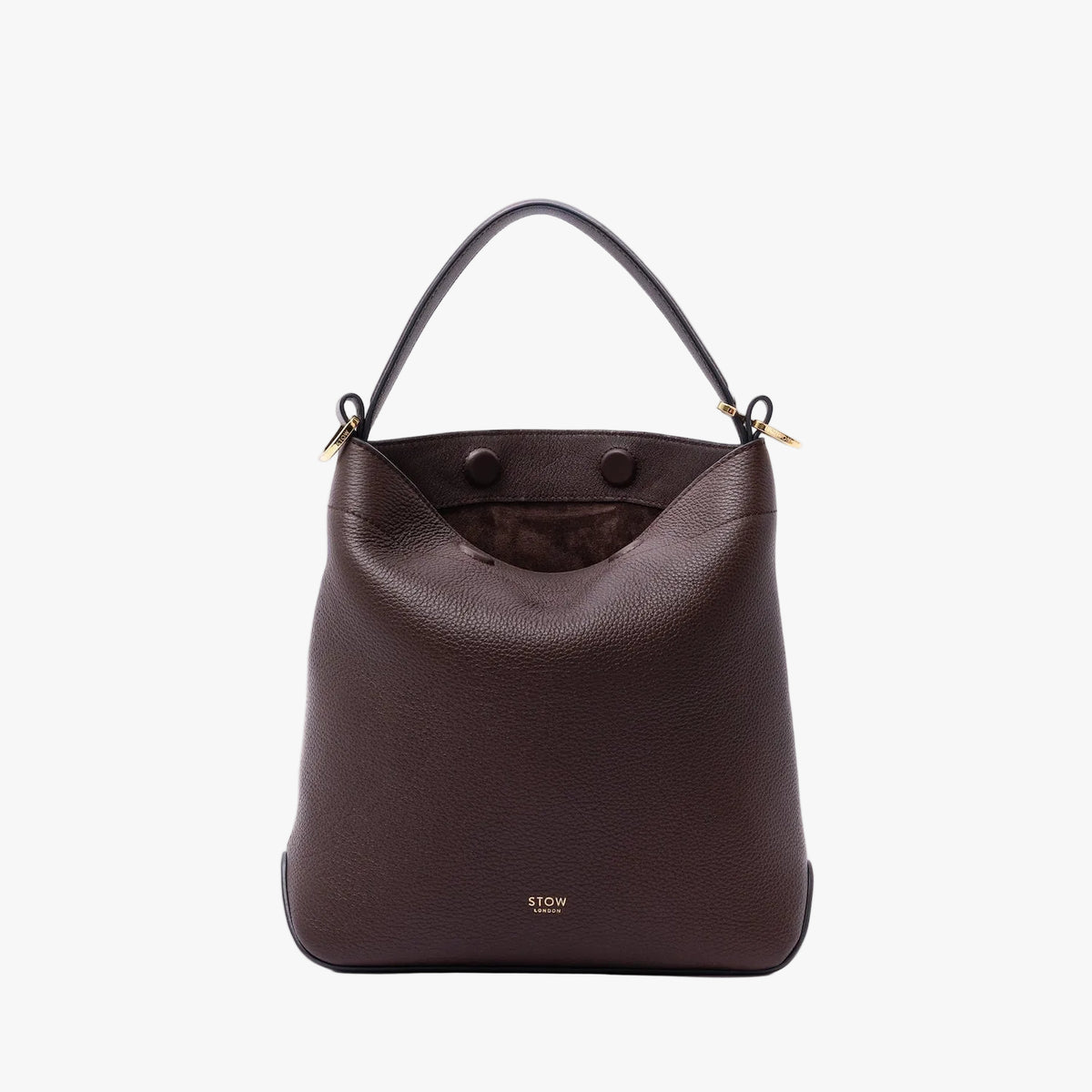 STOW London's Midi Curve in Espresso pebbled leather with magnets open showing the chocolate suede interior lining featuring gold-coated stainless steel hardware on a light grey background