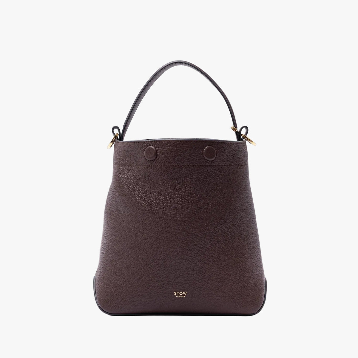 STOW London's Midi Curve in Espresso pebbled leather in a bucket bag shape featuring gold-coated stainless steel hardware on a light grey background