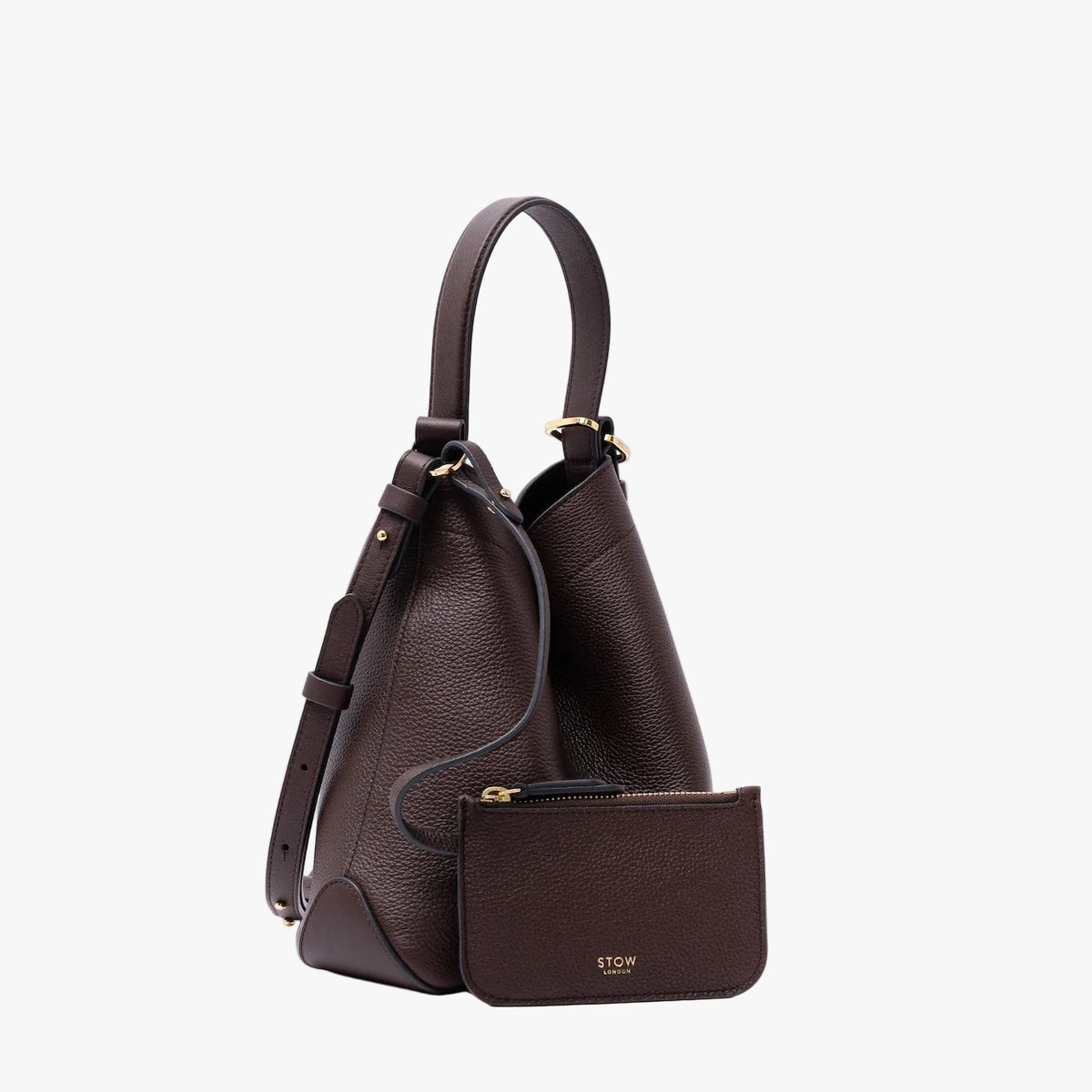 STOW London's Midi Curve in Espresso pebbled leather featuring the detachable, matching, interior pouch and gold-coated stainless steel hardware on a light grey background 
