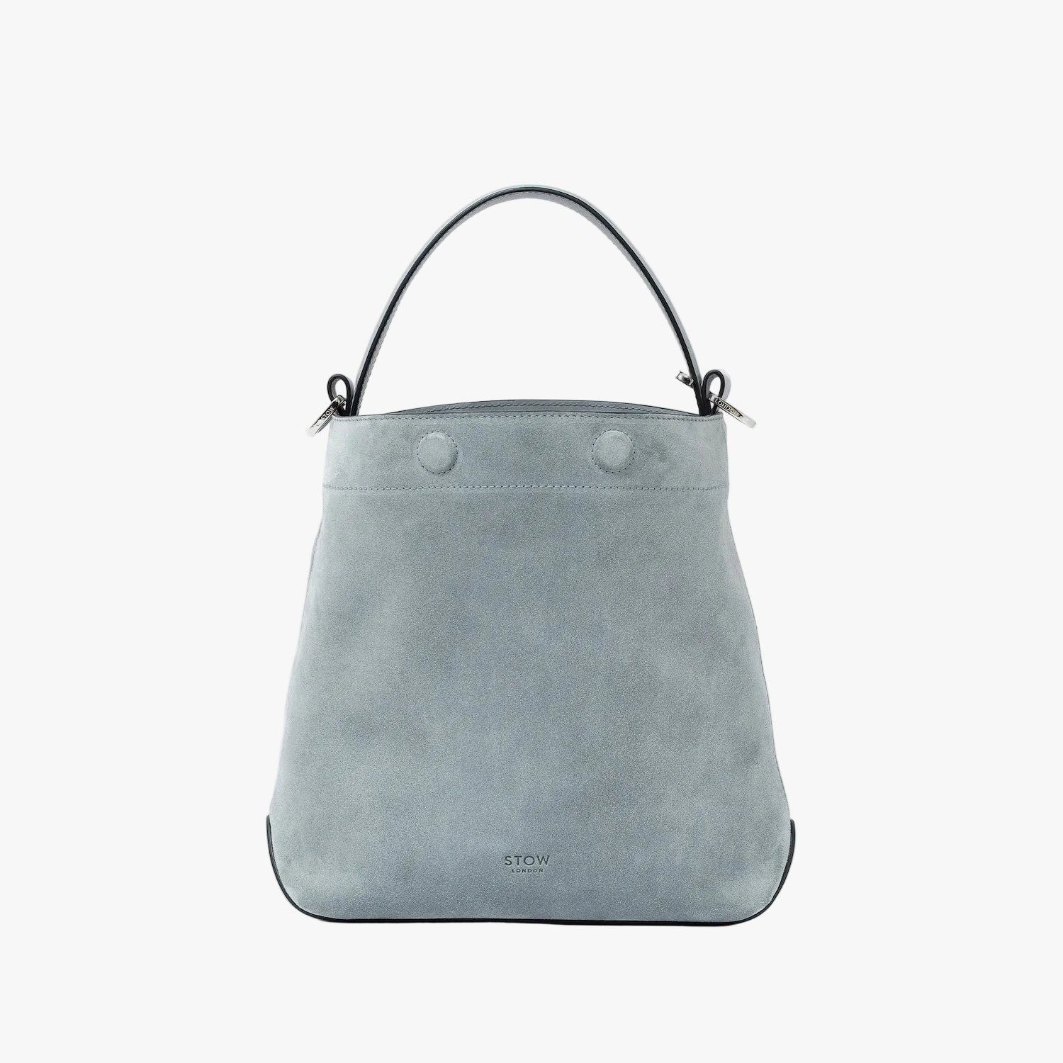 STOW London's Midi Curve in Misty Blue suede leather with magnets open styled as a bucket bag featuring silver stainless steel hardware on a light grey background