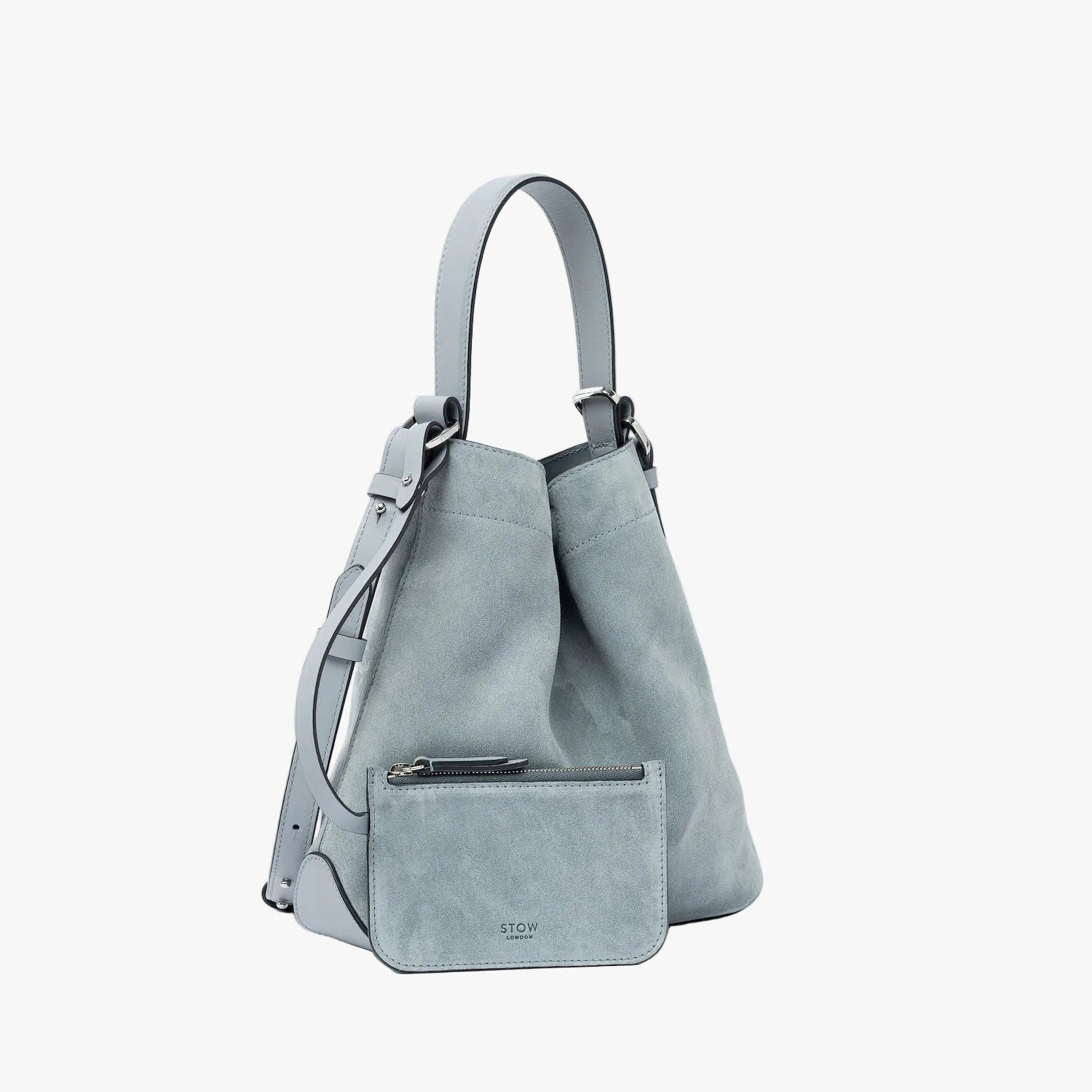 STOW London's Midi Curve in Misty Blue suede leather and matching, detachable interior pouch featuring silver stainless steel hardware on a light grey background
