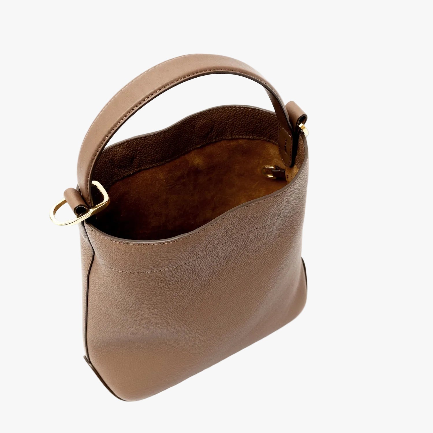 Overhead shot of STOW London's Midi Curve bag in Mocha pebbled leather with magnets open showing suede interior lining featuring gold-coated stainless steel hardware on a light grey background