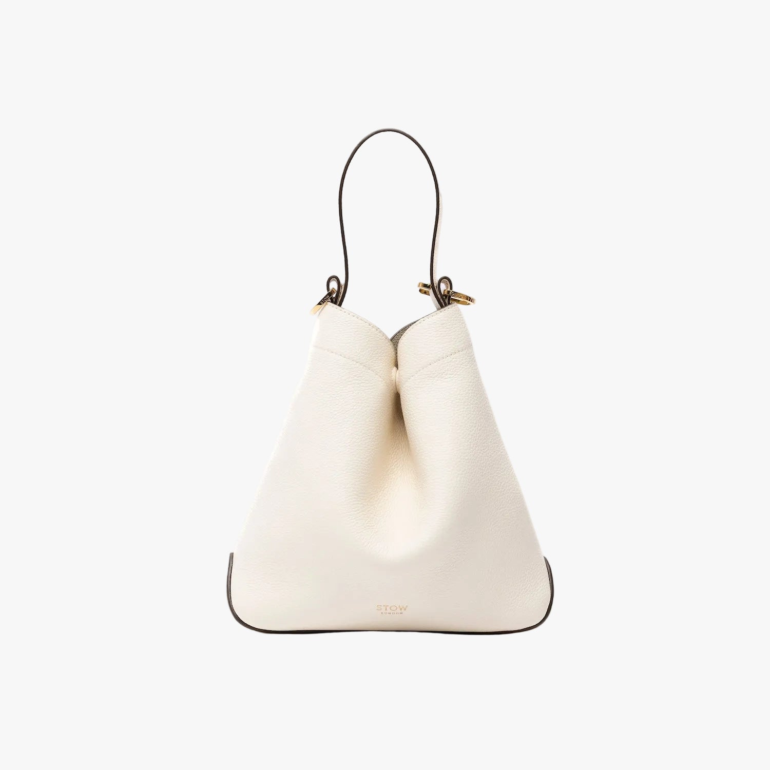 STOW London's Midi Curve in Spring Moon pebbled leather shaped in a triangular form featuring gold-coated stainless steel hardware on a light grey background