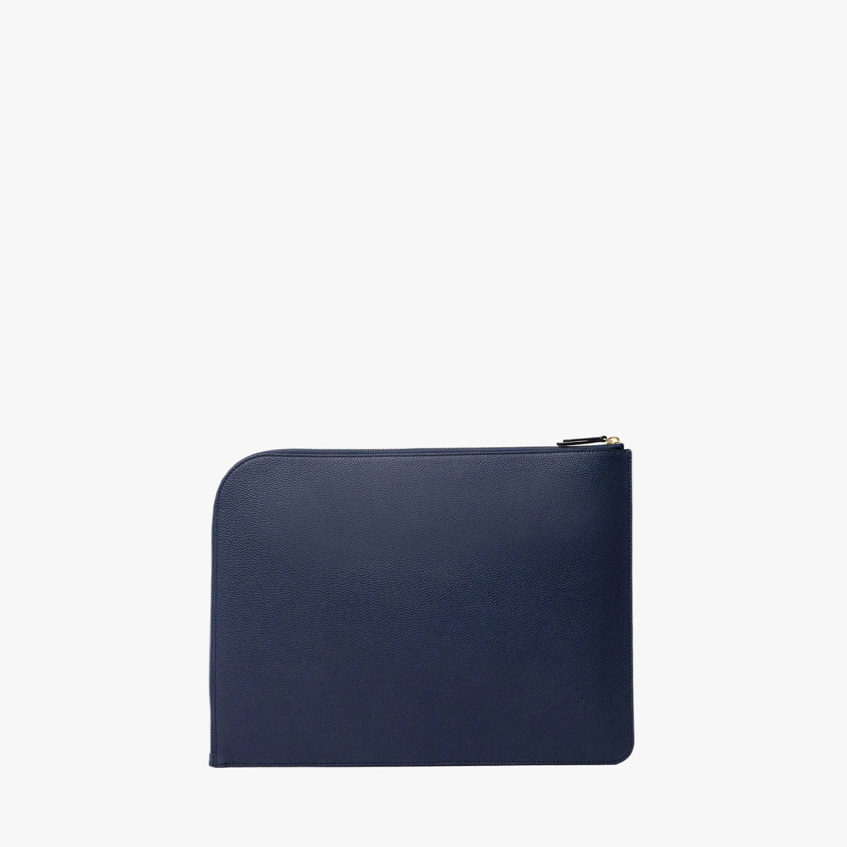 Back panel of STOW London's Midi Leather Sleeve in Navy pebbled leather on a light grey background featuring a YKK Natulon Zip 
