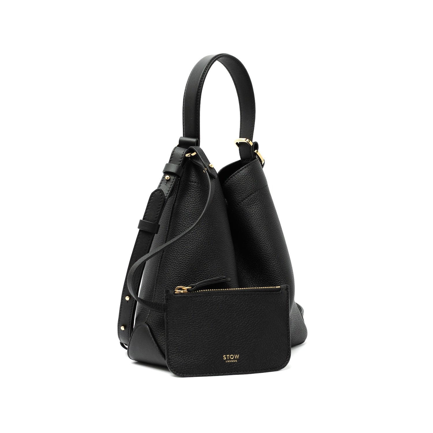 STOW London's Midi Curve bag and matching detachable, interior pouch in Black pebbled and smooth leather featuring gold-coated stainless steel hardware on a white background