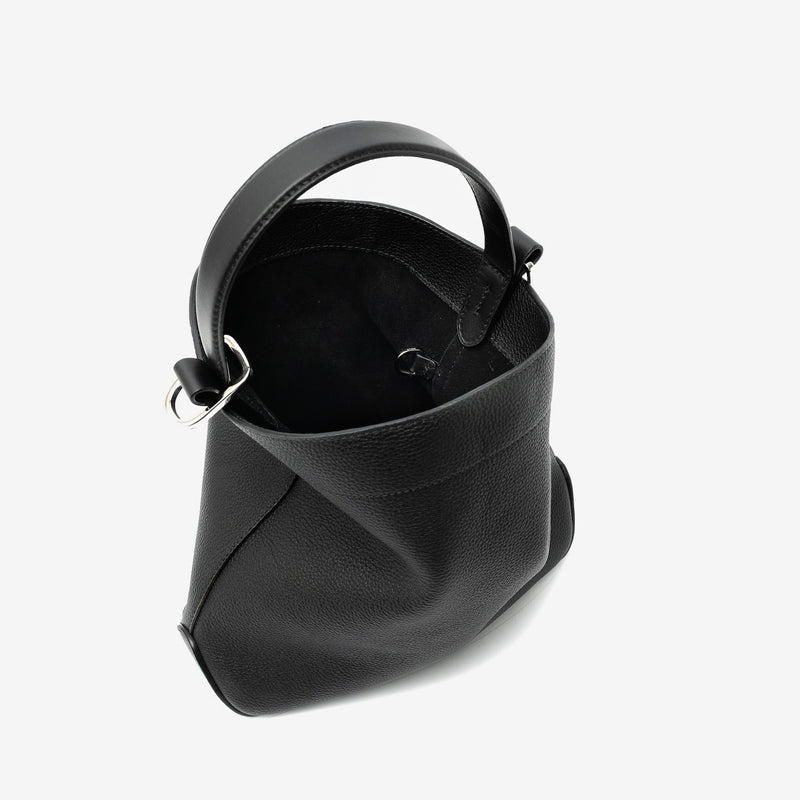 STOW London's Midi Curve in Black pebbled leather with magnets open showing suede interior and d-ring featuring silver stainless steel hardware on a light grey background