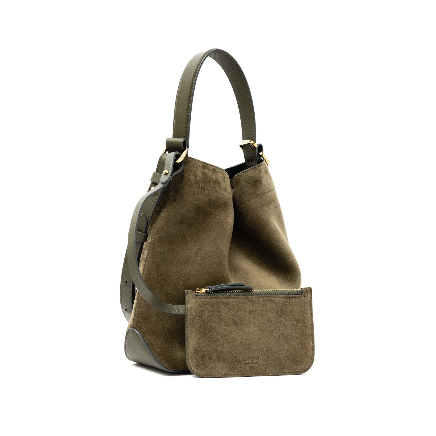STOW London's Midi Curve bag and matching detachable interior pouch in Dark Green Suede leather featuring gold-coated stainless steel hardware on a white background