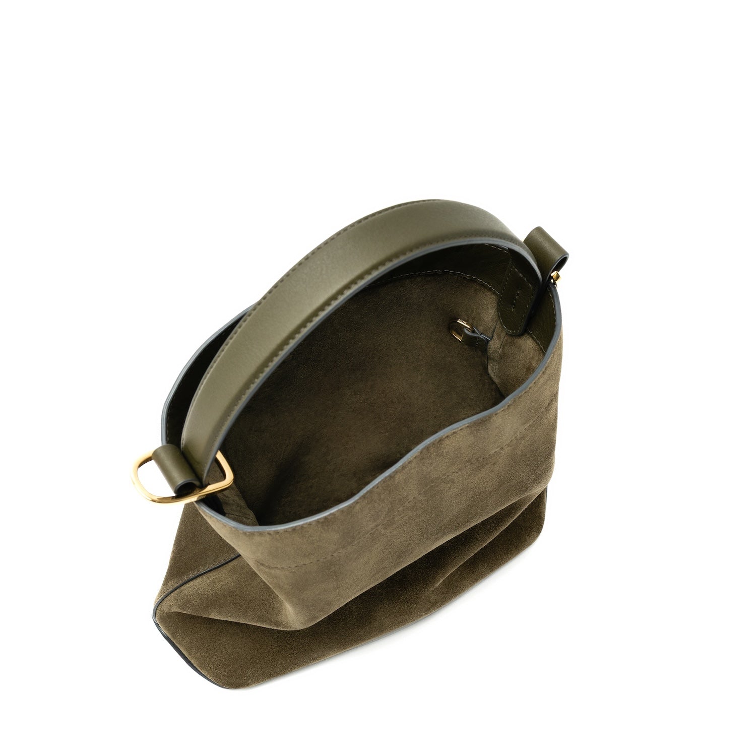 Top view of STOW London's Midi Curve bag in Dark Green Suede leather with bag open showing interior d-ring featuring gold-coated stainless steel hardware on a white background