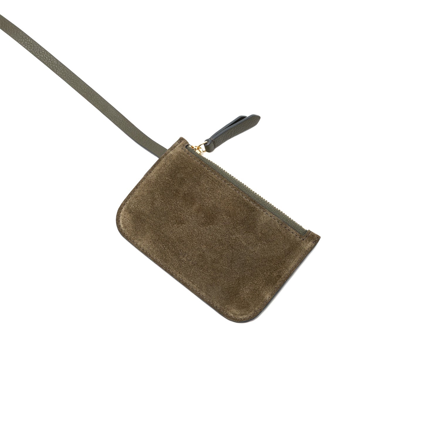 Interior, detachable pouch for STOW London's Midi Curve bag in Dark Green Suede leather featuring gold-coated stainless steel hardware on a white background