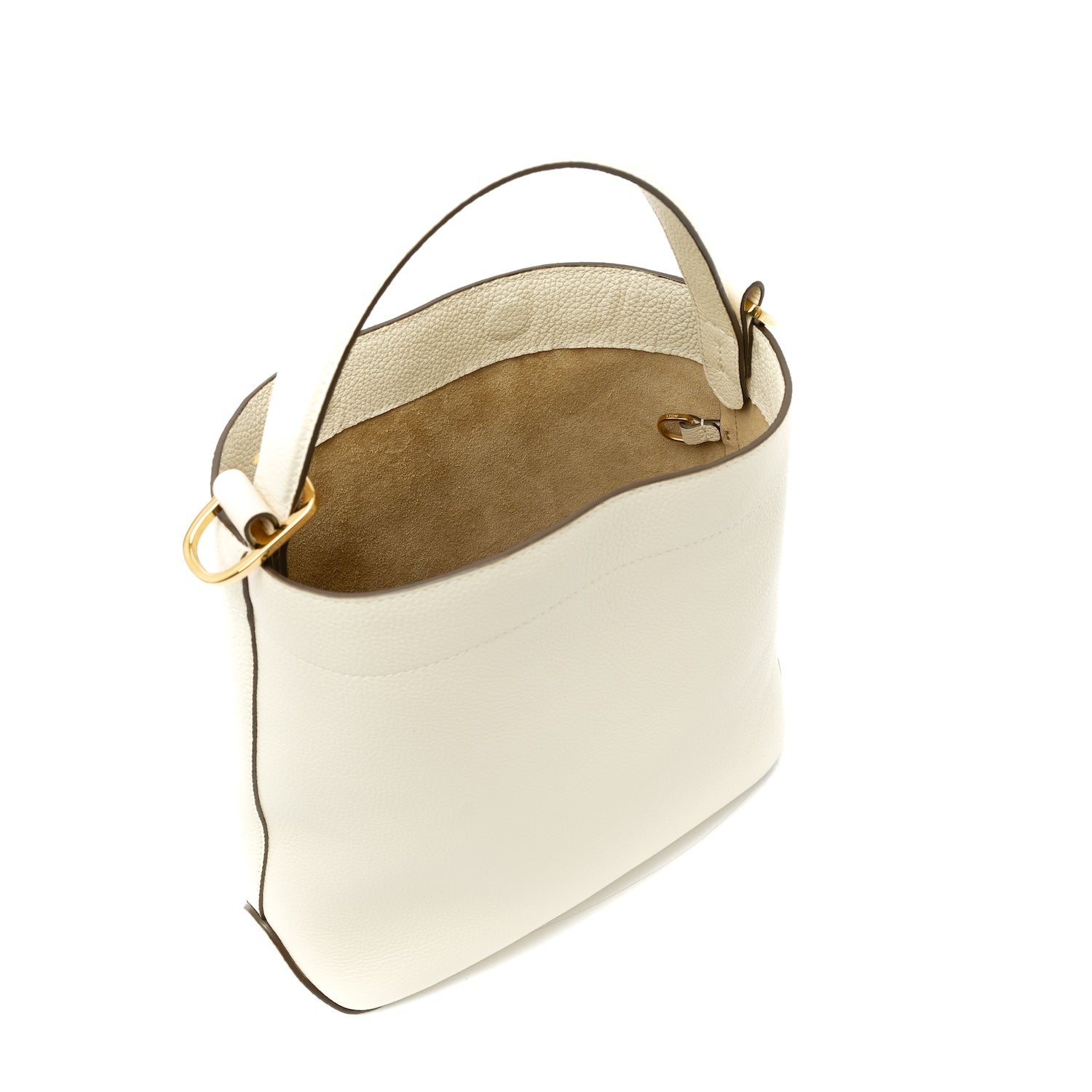 Top view of STOW London's Midi Curve bag in Spring Moon pebbled and smooth leather with bag open showing interior d-ring featuring gold-coated stainless steel hardware on a white background