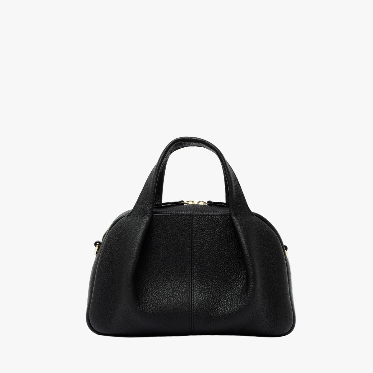 STOW London's Mini Bowling bag in Black pebbled leather featuring a pleated front panel and gold-coated stainless steel hardware on a light grey background
