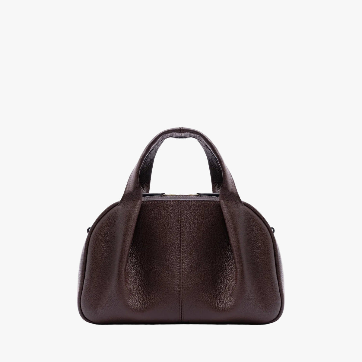 STOW London's Mini Bowling in Espresso pebbled leather on a light grey background featuring a pleated front panel
