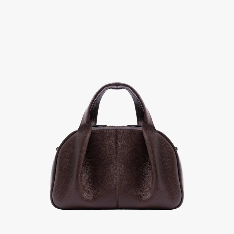 STOW London's Mini Bowling in Espresso pebbled leather on a light grey background featuring a pleated front panel