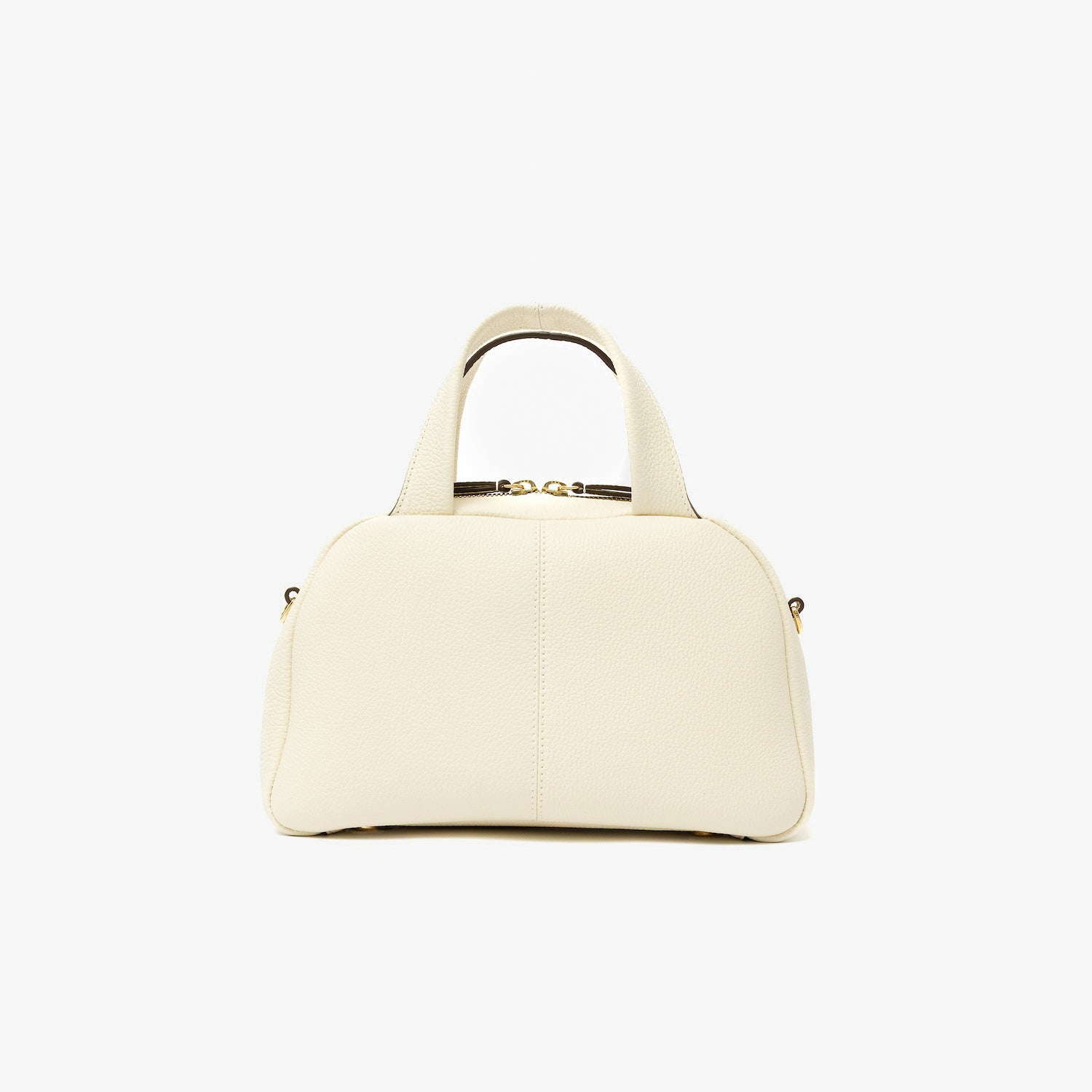 Back panel of STOW London's Mini Bowling bag in Spring Moon pebbled leather featuring gold-coated stainless steel hardware on a light grey background