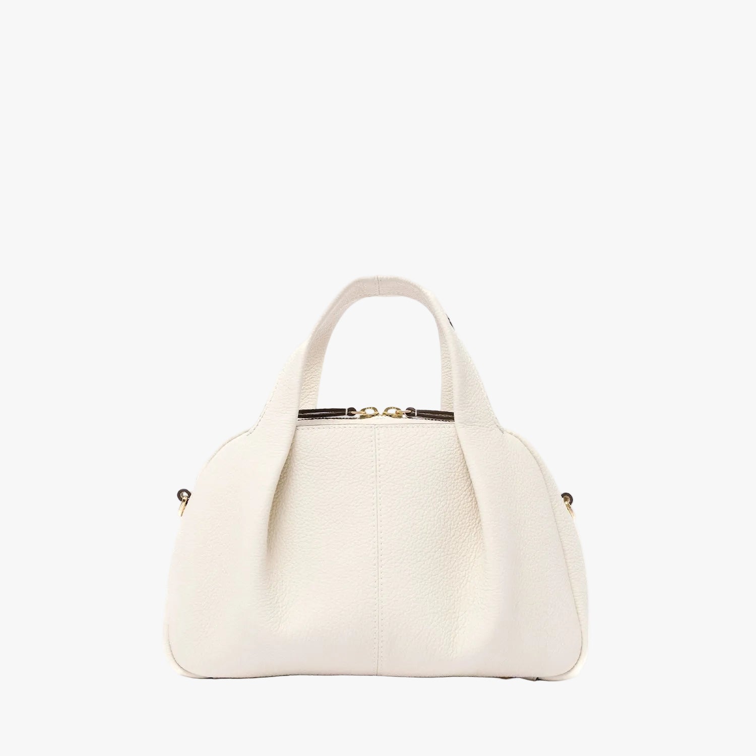 STOW London's Mini Bowling bag in Spring Moon pebbled leather featuring a pleated front panel and gold-coated stainless steel hardware on a light grey background