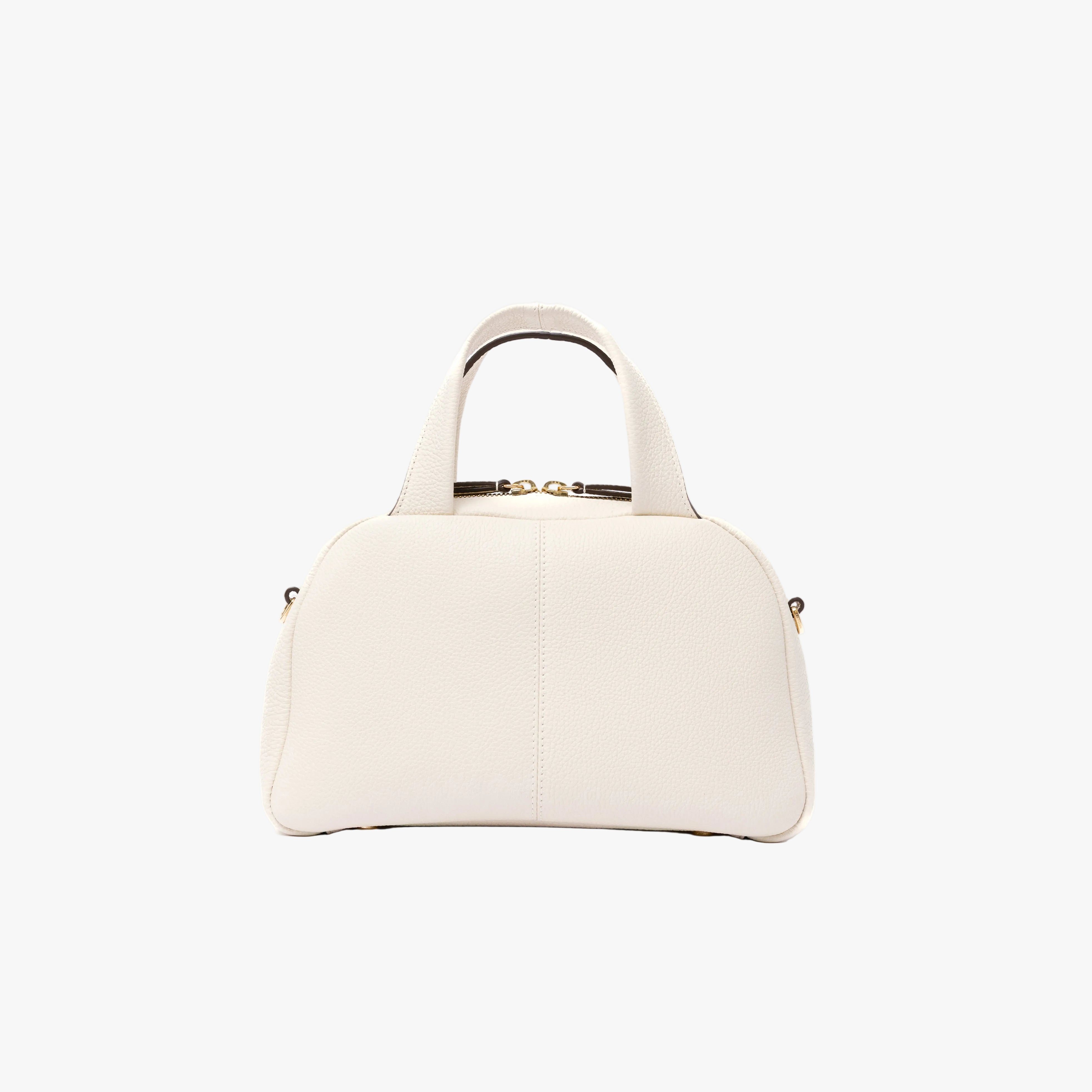 Back view of STOW London's Mini Bowling bag in Spring Moon pebbled leather featuring on a light grey background