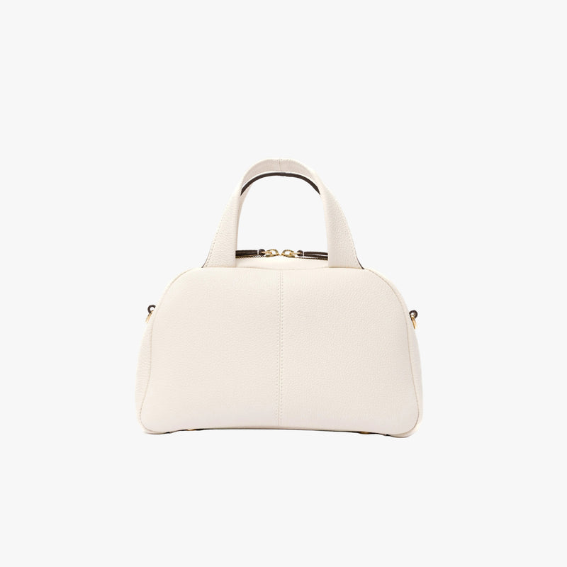 Back view of STOW London's Mini Bowling bag in Spring Moon pebbled leather featuring on a light grey background