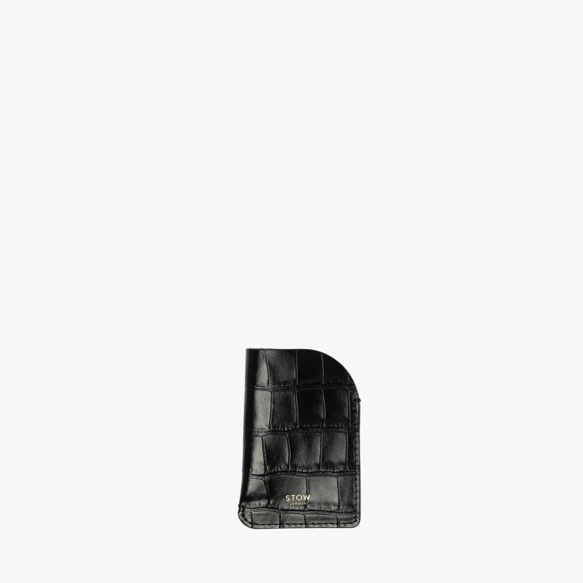 STOW London's Mini Cardholder in Black Embossed Croc leather on a light grey background featuring a small gold embossed logo on the front bottom
