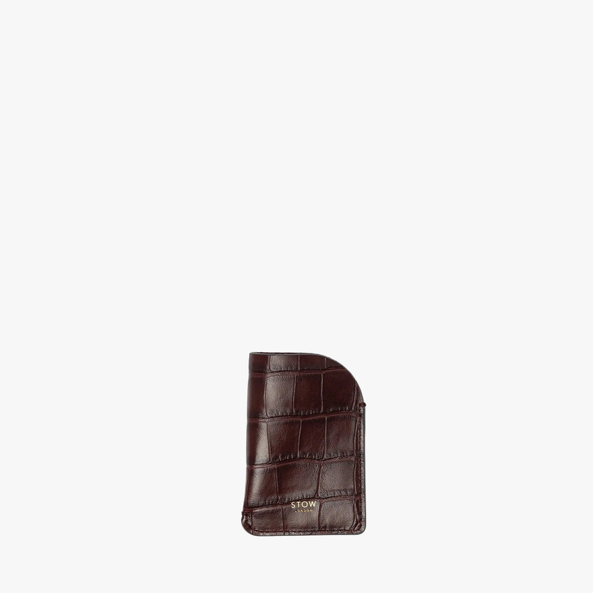 STOW London's Mini Cardholder in Burgundy Embossed Croc leather on a light grey background featuring a small gold embossed logo on the front bottom