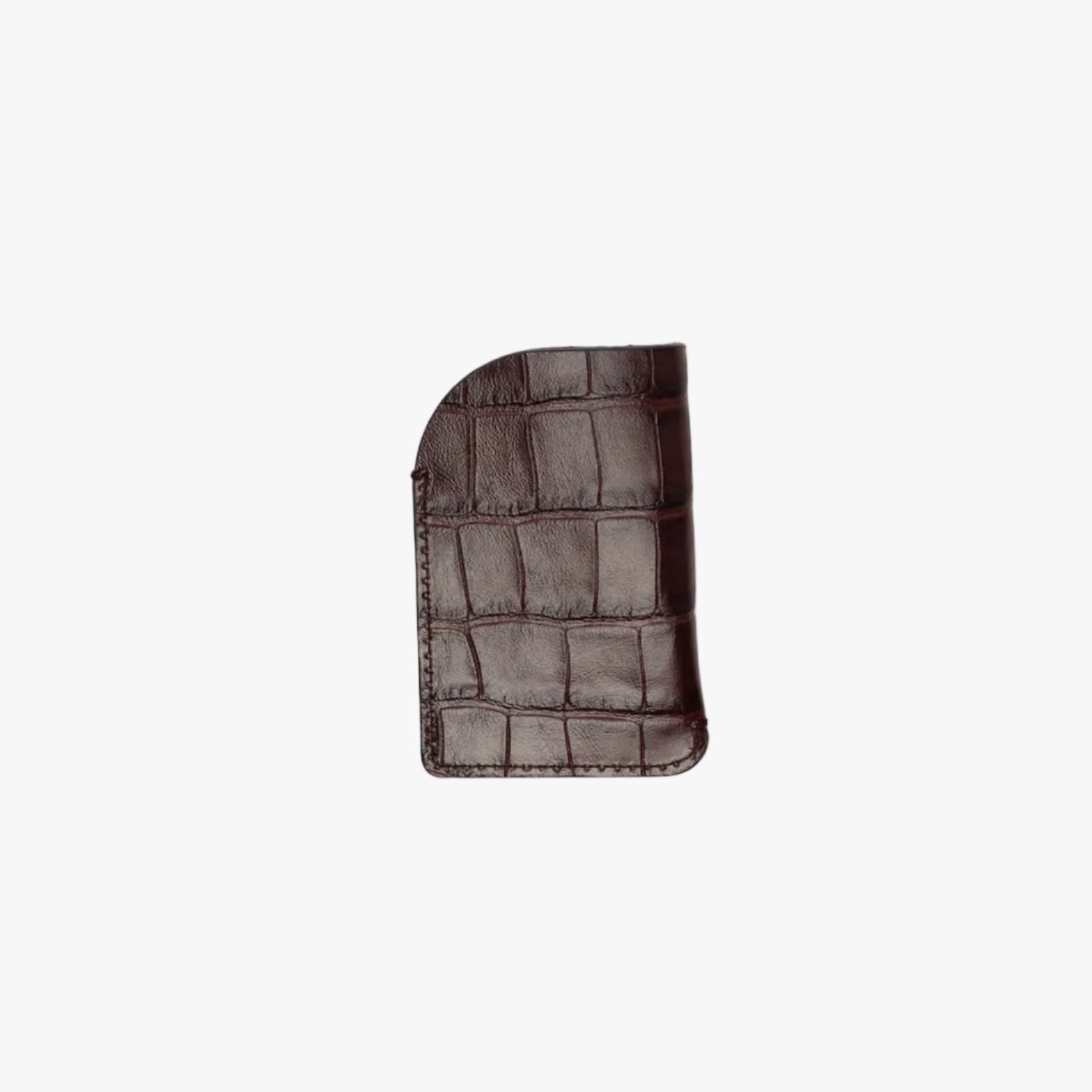 STOW London's Mini Cardholder in Burgundy Embossed Croc leather on a light grey background